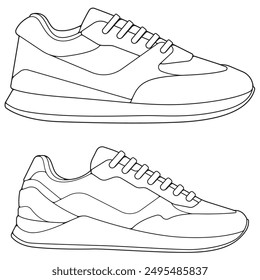 Conjunto de zapatillas de deporte Cool. Vector de dibujo de contorno de zapatillas de deporte, zapatillas de deporte dibujadas en un estilo de boceto, contorno de Plantilla de zapatillas de deporte, Colección de conjunto. Ilustración vectorial.
