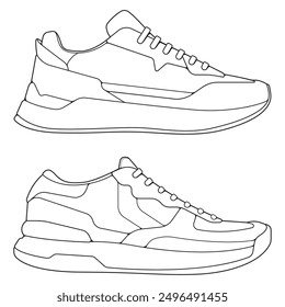 set of outline Cool Sneakers. Shoes sneaker outline drawing vector, Sneakers drawn in a sketch style, sneaker trainers template outline, Set Collection. vector Illustration.
