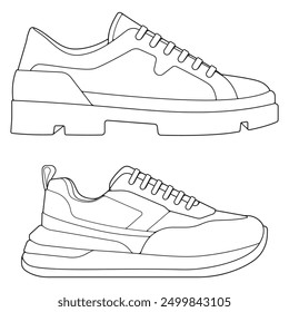 set of outline Cool Sneakers. Shoes sneaker outline drawing vector, Sneakers drawn in a sketch style, sneaker trainers template outline, Set Collection. vector Illustration.
