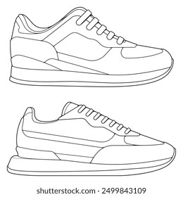 Set von Umrissen Cool Sneakers. Schuhe Sneaker Umriss Zeichnung Vektor, Sneaker in einem Skizzenstil gezeichnet, Sneaker Trainer Vorlage Umriss, Set Kollektion. Vektorgrafik.
