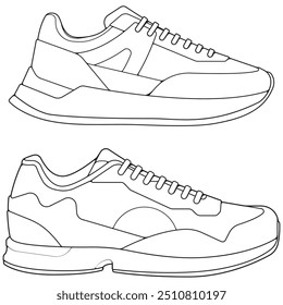 set of outline Cool Sneakers. Shoes sneaker outline drawing vector, Sneakers drawn in a sketch style, sneaker trainers template outline, Set Collection. vector Illustration.
