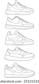 set of outline Cool Sneakers. Shoes sneaker outline drawing vector, Sneakers drawn in a sketch style, sneaker trainers template outline, Set Collection. vector Illustration.
