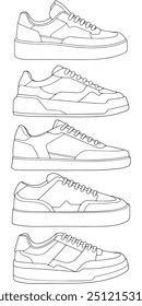 set of outline Cool Sneakers. Shoes sneaker outline drawing vector, Sneakers drawn in a sketch style, sneaker trainers template outline, Set Collection. vector Illustration.
