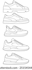 Set von Umrissen Cool Sneakers. Schuhe Sneaker Umriss Zeichnung Vektor, Sneaker in einem Skizzenstil gezeichnet, Sneaker Trainer Vorlage Umriss, Set Kollektion. Vektorgrafik.
