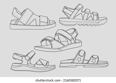 conjunto de sandalias de correa de bobina. correa sandalias de contorno vector de dibujo, correa sandalias dibujadas en un estilo de esbozo, correa sandalias esquema de plantilla de entrenadores, Colección Set. fondo gris
