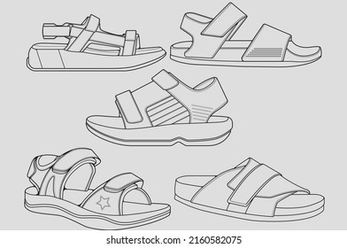 set of outline Cool strap sandals. strap sandals outline drawing vector, strap sandals drawn in a sketch style, strap sandals trainers template outline, Set Collection. grey background
