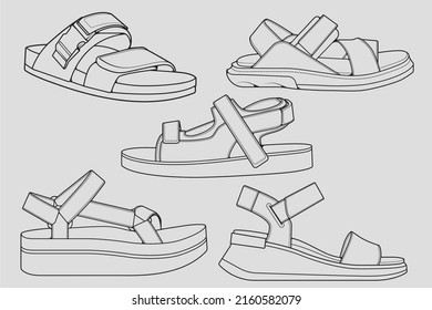 set of outline Cool strap sandals. strap sandals outline drawing vector, strap sandals drawn in a sketch style, strap sandals trainers template outline, Set Collection. grey background
