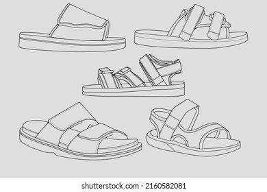 conjunto de sandalias de correa de bobina. correa sandalias de contorno vector de dibujo, correa sandalias dibujadas en un estilo de esbozo, correa sandalias esquema de plantilla de entrenadores, Colección Set. fondo gris
