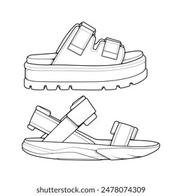 set of outline Cool strap sandals. strap sandals outline drawing vector, strap sandals drawn in a sketch style.
