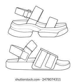 set of outline Cool strap sandals. strap sandals outline drawing vector, strap sandals drawn in a sketch style.
