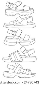 set of outline Cool strap sandals. strap sandals outline drawing vector, strap sandals drawn in a sketch style.
