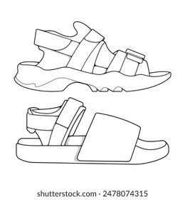 set of outline Cool strap sandals. strap sandals outline drawing vector, strap sandals drawn in a sketch style.
