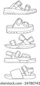 set of outline Cool strap sandals. strap sandals outline drawing vector, strap sandals drawn in a sketch style.
