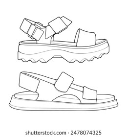 set of outline Cool strap sandals. strap sandals outline drawing vector, strap sandals drawn in a sketch style.
