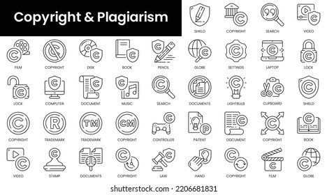 Set Of Outline Copyright And Plagiarism Icons. Minimalist Thin Linear Web Icon Set. Vector Illustration.