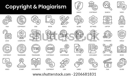 Set of outline copyright and plagiarism icons. Minimalist thin linear web icon set. vector illustration.