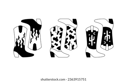 Set of outline cowboy boots with flame, cactus and cow print. Vector illustration on isolated background