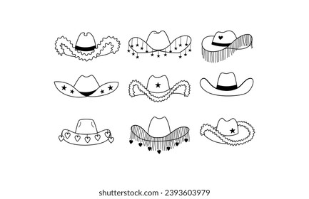 Set von Umriss-Cowgirl-Hüten mit Randstreifen, Sternen und Herzen. Vektorgrafik von Cowboyhüten. Bildersammlung für westliche Accessoires