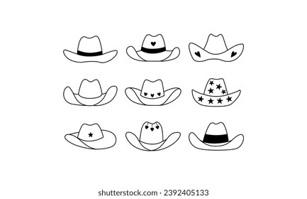 Juego de sombreros de vaquera con estrellas y corazones. Ilustración vectorial de sombreros de vaquero. colección de iconos de accesorios occidentales