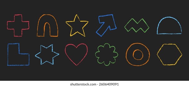 Set of outline crayon geometric figures in hand drawn sketch style. Silhouettes of chalk pencil or pastel textured shapes. Vector graphic elements isolated on a black background.