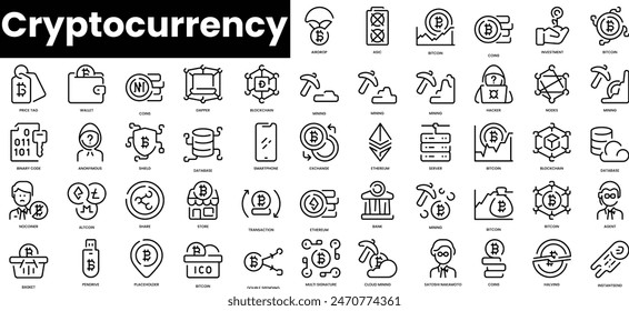 Conjunto de iconos de criptomoneda de esquema. Conjunto de iconos de Web lineal fino minimalista. Ilustración vectorial.