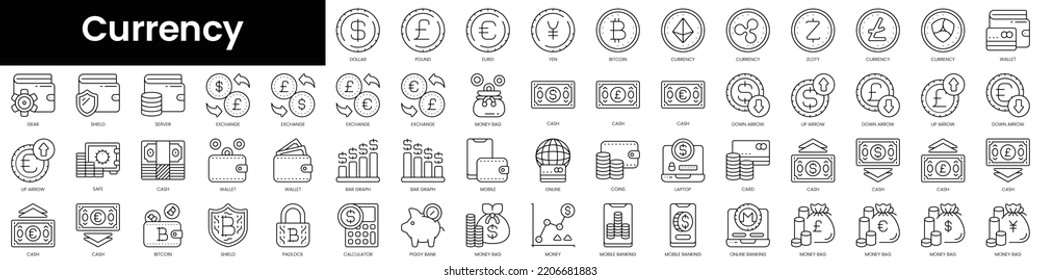 Set of outline currency icons. Minimalist thin linear web icon set. vector illustration.