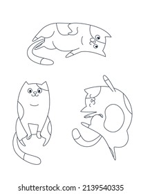 set of outline cute cats, doodle cartoon style, vector illustration, coloring page 