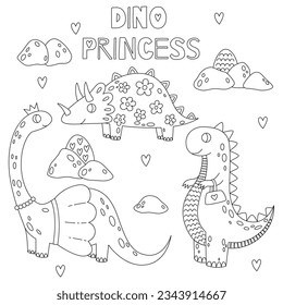 Set outline cute dinosaur princess. Sweet pink dino girl with crown. Cartoon funny character for nursery design, greeting card, invitation, print, party, baby shower, poster.