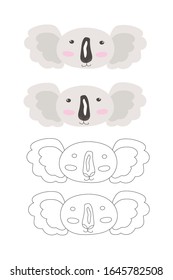 Set of outline cute doodle koala head and in color koala head - vector, isolated on white background. Perfect for baby shower, postcard, label, brochure, flyer, page, banner design, t-shirt, logo.