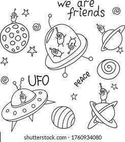 Set of outline cute funny Aliens in Flying Saucers, UFO, standing on planets. Contour simple vector illustration, icon. Black and white Doodle