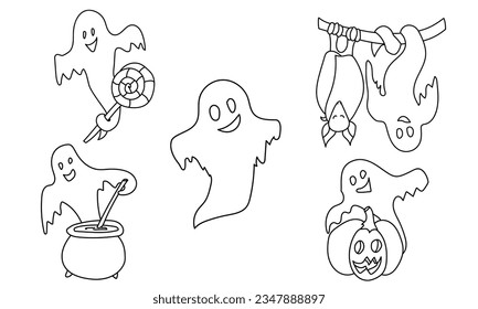 Set of outline cute ghosts in doodle style, Halloween coloring page for holiday activity vector illustration
