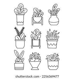 Set of outline cute potted plant, indoor plant, home decoration, houseplant illustration