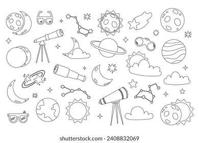 Set of outline cute solar eclipse in flat cartoon style
