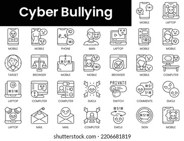 Set of outline cyber bullying icons. Minimalist thin linear web icon set. vector illustration.