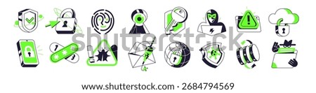 Set of outline cyber security icons. Defense of privacy and protection of digital personal data of users. Safety in the Internet. Passwords and locks. Flat isolated vector illustrations on white
