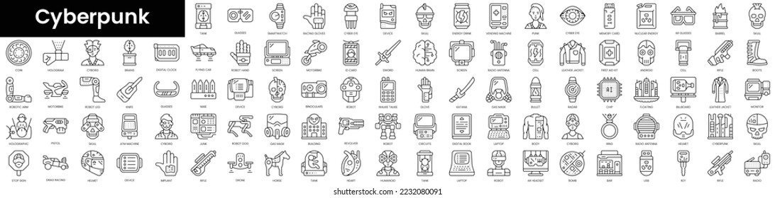 Set of outline cyberpunk icons. Minimalist thin linear web icon set. vector illustration.