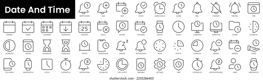 Set of outline date and time icons. Minimalist thin linear web icon set. vector illustration.