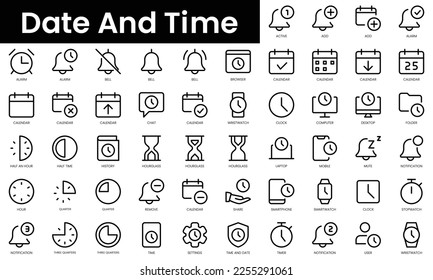 Conjunto de iconos de fecha y hora del esquema. Conjunto de iconos de la web lineal delgada y minimalista. ilustración vectorial.