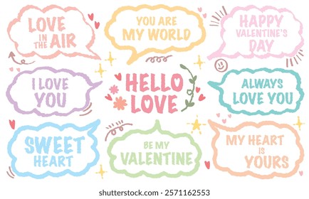 Set of outline valentine’s Day typography lettering speech bubbles. Doodle chat frame romantic message colorful word for lover. Love heart pattern sweet wedding decorative. Sticker sweet short sticker