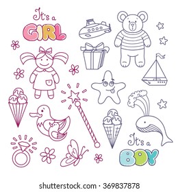 Set of outline decorative elements for baby's design (girl and boy)