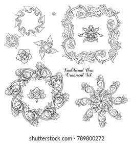 Set of outline decorative elements of traditional Thai ornament. Stock vector illustration.