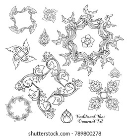 Set of outline decorative elements of traditional Thai ornament. Stock vector illustration.