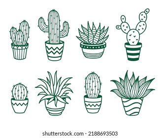 Set of outline dessert cacti in pots. Haworthia, Carnegiea, Sansevieria, Rebutia, Opuntia. Vector collection on white background