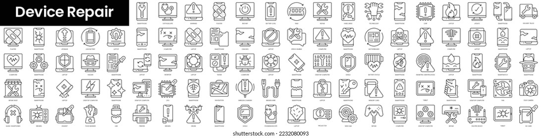 Conjunto de iconos de reparación de dispositivos de esquema. Conjunto de iconos de la web lineal delgada y minimalista. ilustración vectorial.