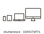 Set of outline devices icons: computer monitor, computer, laptop, phone, tablet. Line symbols isolated on white background. Vector illustration.