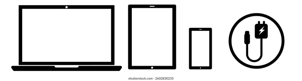 Set of outline devices icons laptop, phone, tablet, with battery charger usb. line symbols isolated on white background. vector illustration