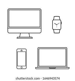 Set of outline devices. Laptop, Smart watch, smartphone and computer vector illustrations.