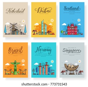 Set of outline different cities for travel destinations. landmarks culture banner template of flyer, magazines, posters, book cover, banners. Layout world architectural thin line modern pages