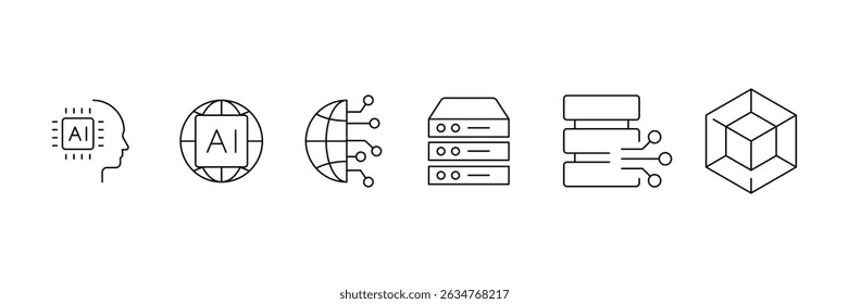 Set of outline digital AI technology icon collection. Artificial intelligence, algorithm symbol.