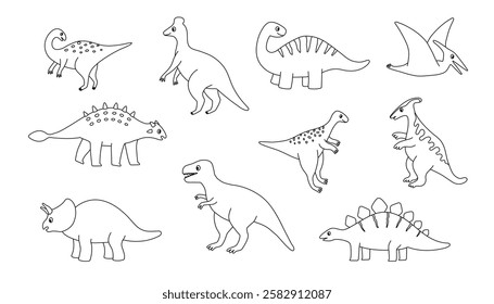 Set of outline dinosaur characters. Editable stroke. Design elements for print, greeting card, invitation, book. Isolated vector illustration
